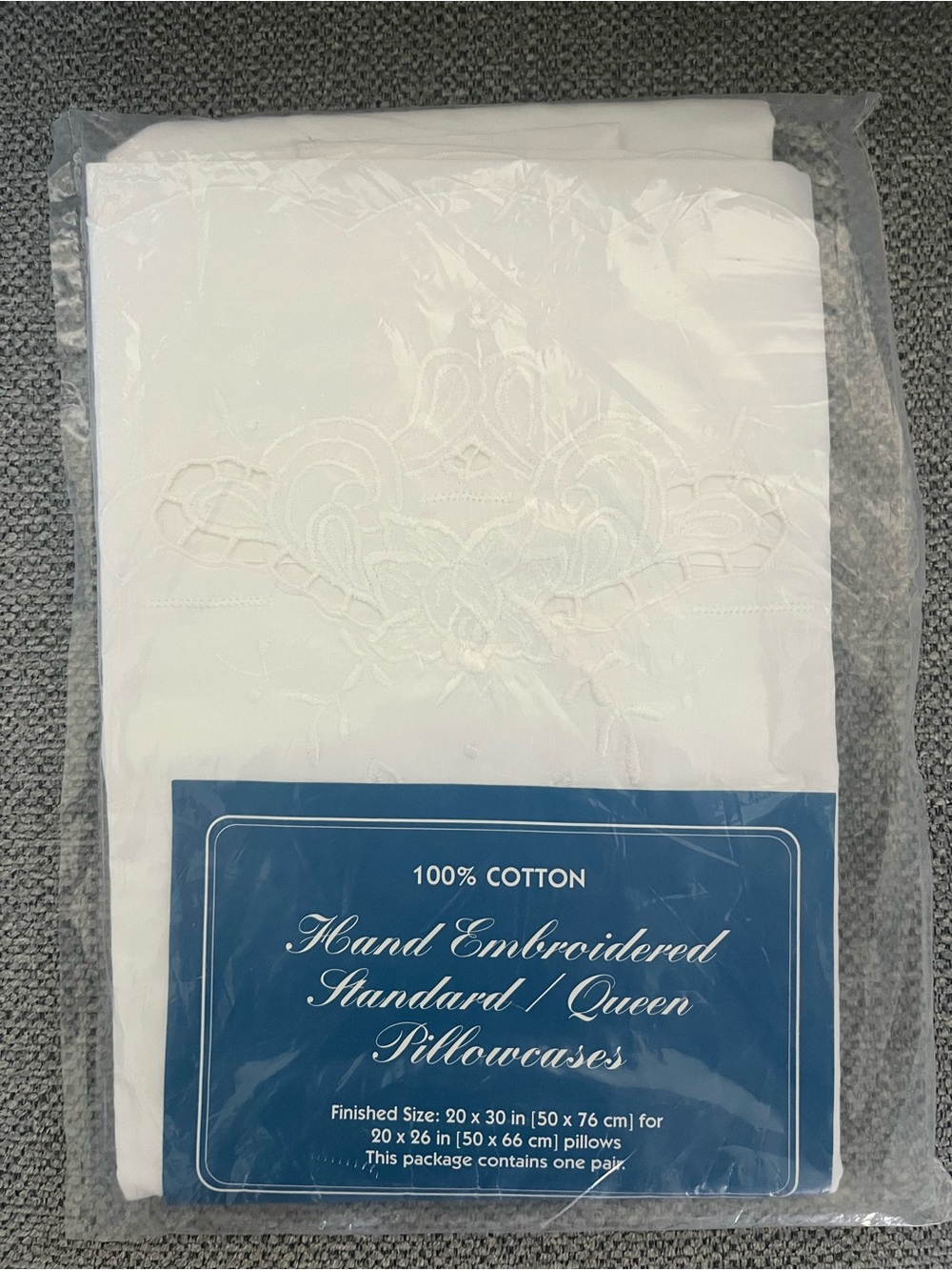 NWT Hand Embroidered Standard/Queen Pillowcases White